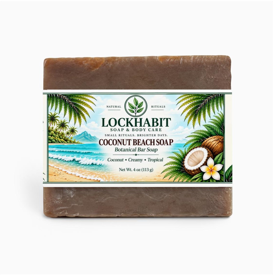 LOCKHABIT Coconut Beach Soap bar, front view, coconut and shea butter