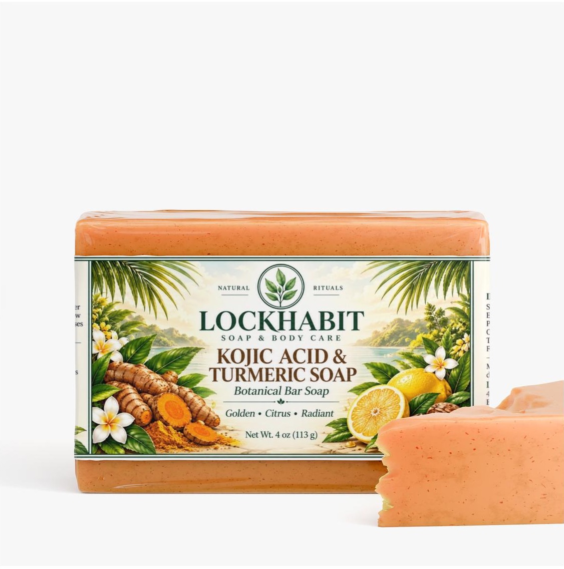 LOCKHABIT Kojic Acid & Turmeric Soap packaged and unwrapped view