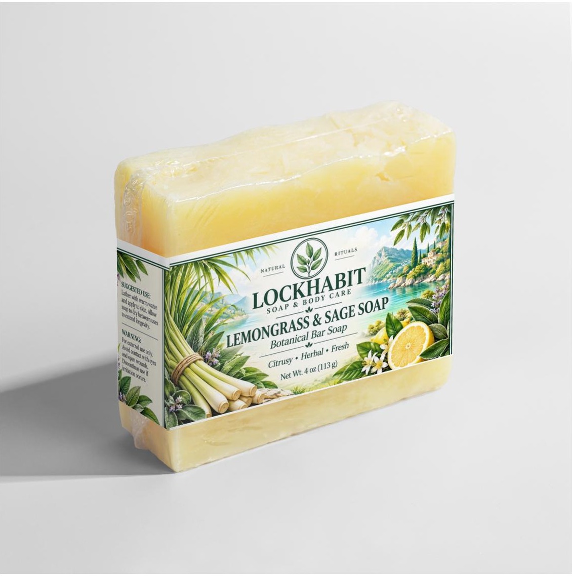 LOCKHABIT Lemongrass & Sage Soap three-quarter view