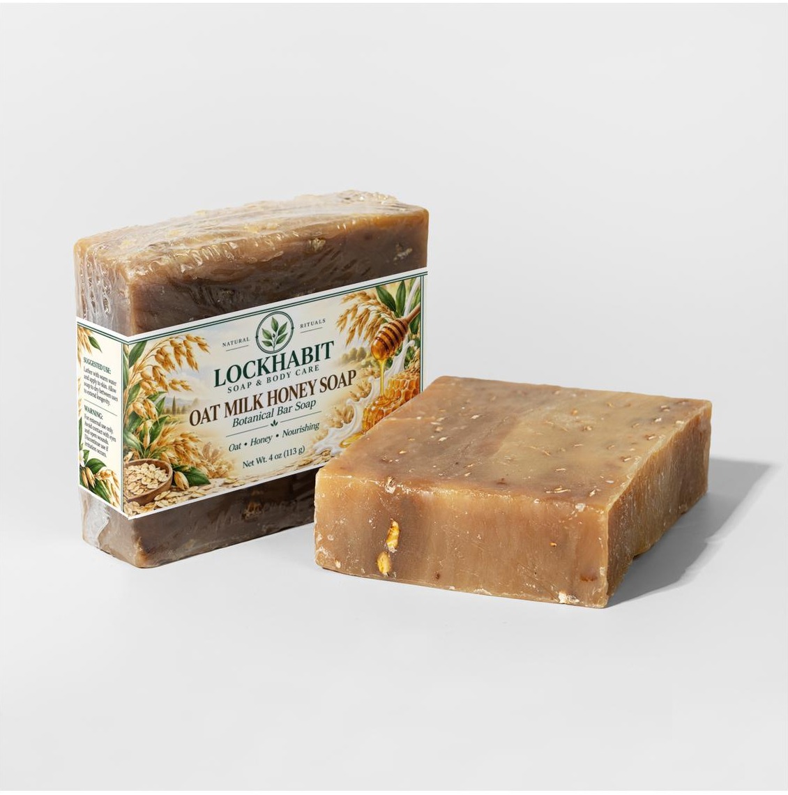 LOCKHABIT Oat Milk Honey Soap bar and packaging view